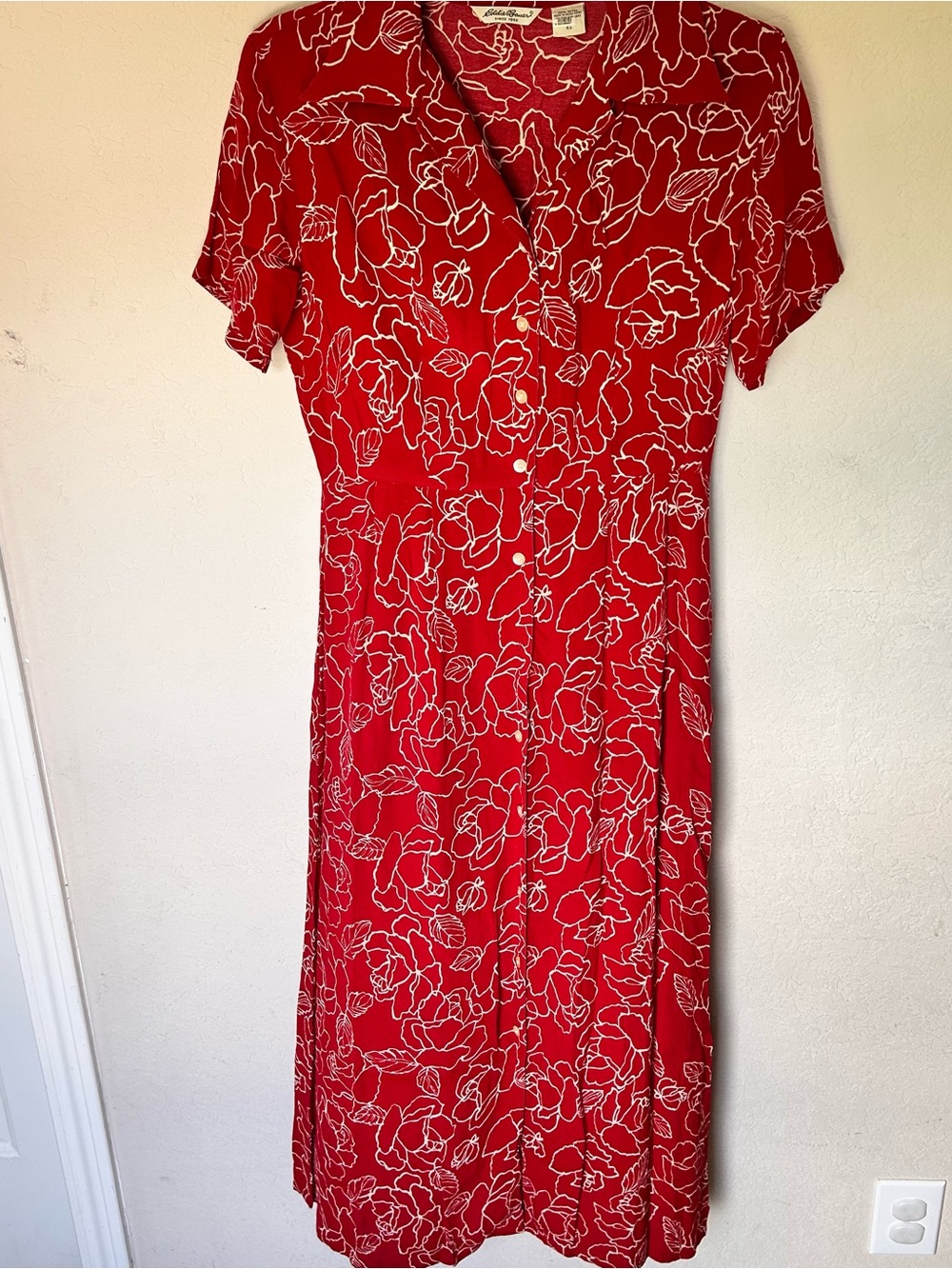 Vintage Eddie Bauer Red White Floral Button-Down Shirt Dress - Picture 2 of 7